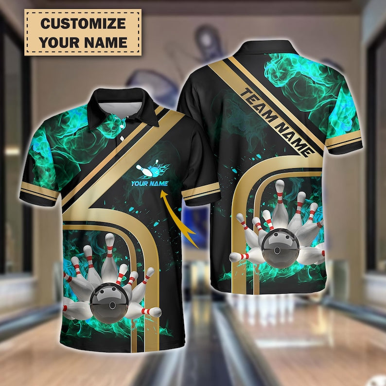 Personalized Bowling Team Polo, Ball & Pins Water And Flame Design, Multicolor 3D Jersey with Custom Name And Team, Gift for Dad.