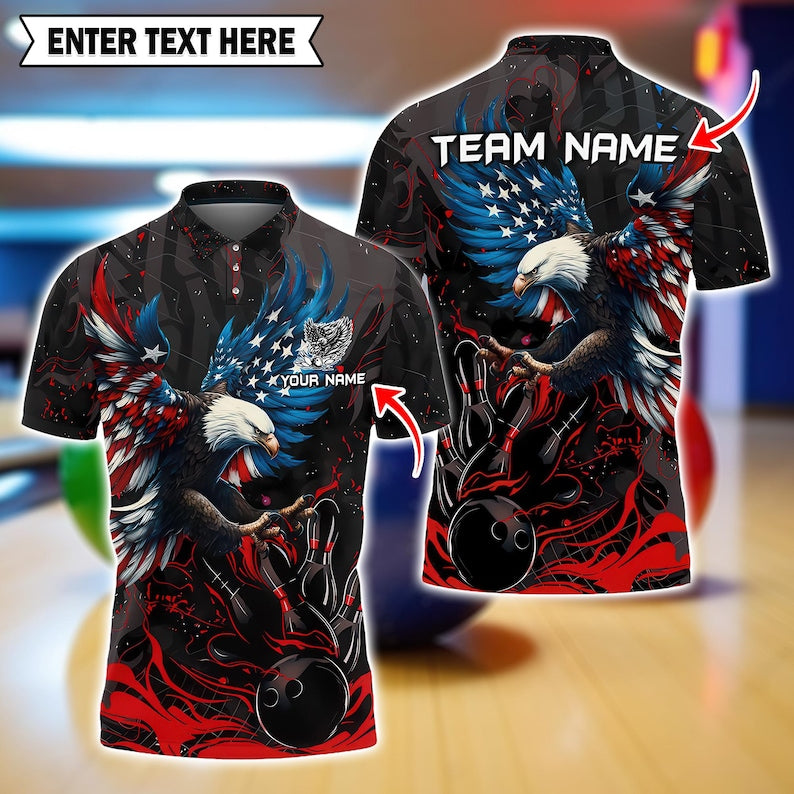 Custom American Eagle Bowling Shirt – US Flag Design, Multicolor 3D Polo with Personalized Name, Patriotic, Gift for Bowlers, Gift For Men.