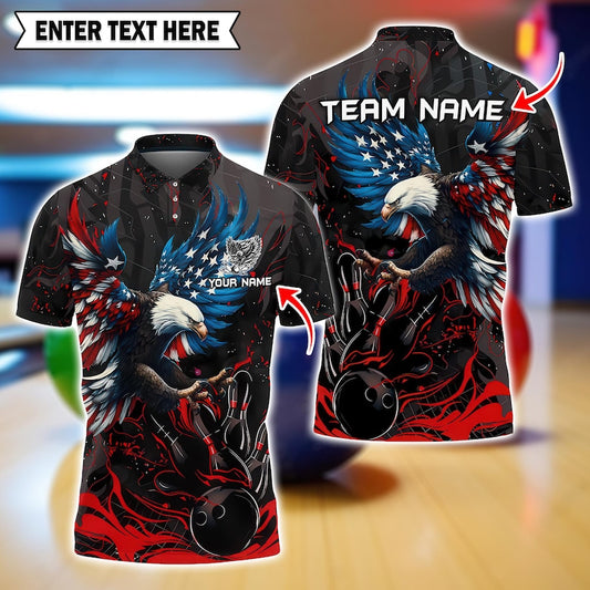 Custom American Eagle Bowling Shirt – US Flag Design, Multicolor 3D Polo with Personalized Name, Patriotic, Gift for Bowlers, Gift For Men.