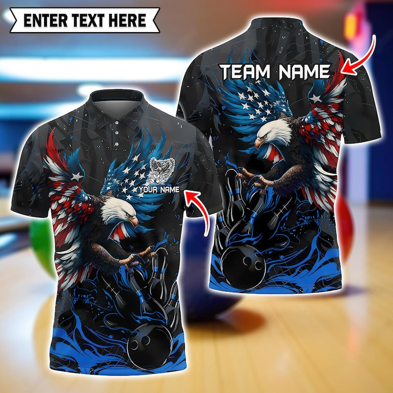 Custom American Eagle Bowling Shirt – US Flag Design, Multicolor 3D Polo with Personalized Name, Patriotic, Gift for Bowlers, Gift For Men.