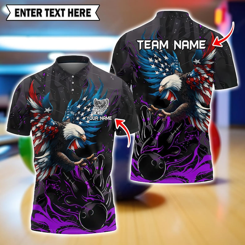 Custom American Eagle Bowling Shirt – US Flag Design, Multicolor 3D Polo with Personalized Name, Patriotic, Gift for Bowlers, Gift For Men.