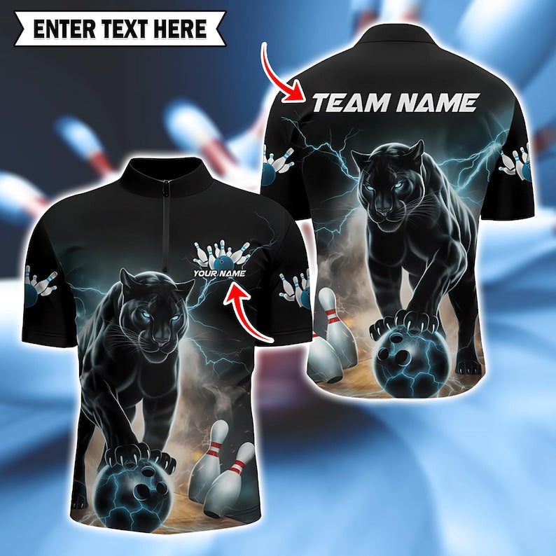 Custom Panther Bowling Polo, Cyan Thunder & Lightning Design, Personalized Polo for Men, Bowling Team Uniform, Gift For Dad.