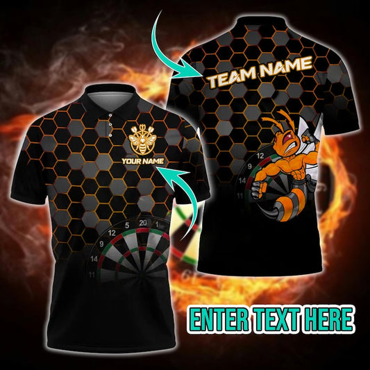 Fighting Bee Darts Polo Shirt With Custom Name, 3D Style Sportswear For Gift Or Tournament, Personalized Shirt For Men Or Team Players.