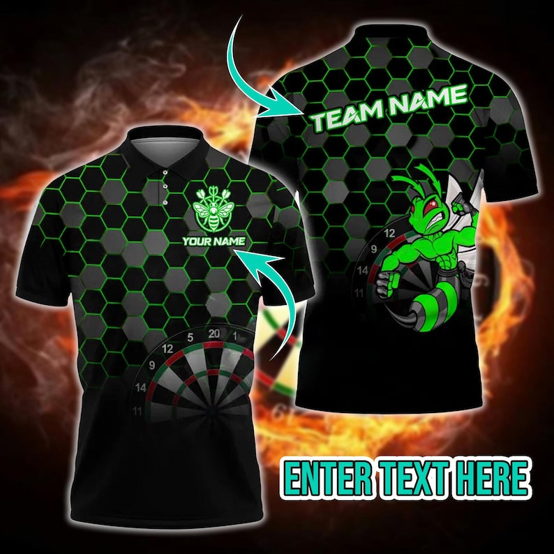 Fighting Bee Darts Polo Shirt With Custom Name, 3D Style Sportswear For Gift Or Tournament, Personalized Shirt For Men Or Team Players.
