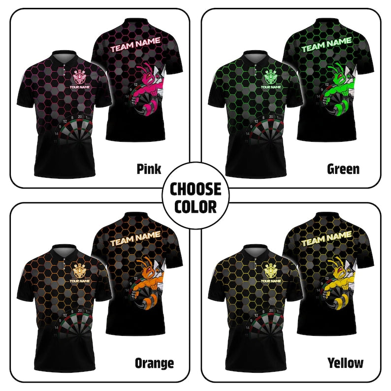 Fighting Bee Darts Polo Shirt With Custom Name, 3D Style Sportswear For Gift Or Tournament, Personalized Shirt For Men Or Team Players.