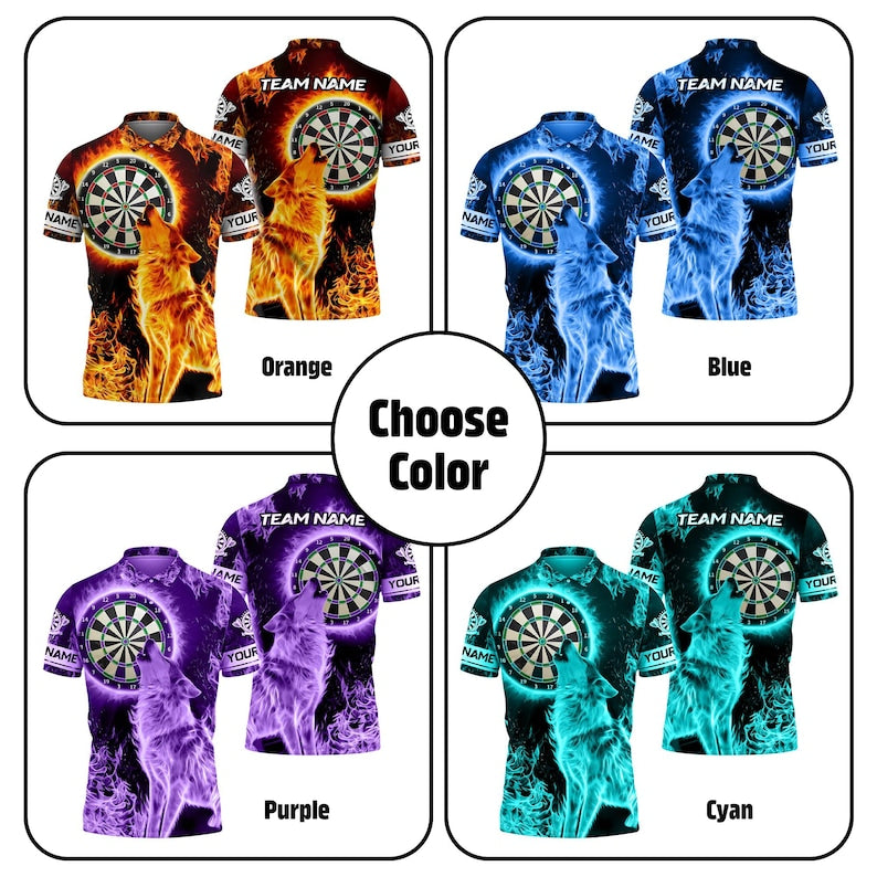 Fire Moonlight Wolf 3D Darts Jersey With Custom Name & Team, Bold Graphic Sportswear For Gift Or Match Day, Shirt For Men Or Dart Teams.