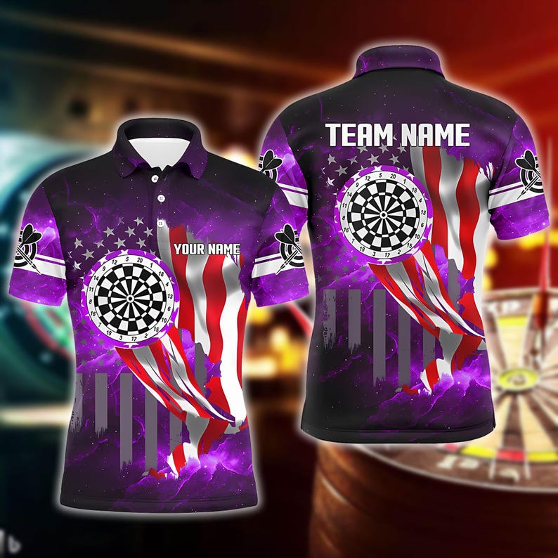 USA Flag Darts Polo Shirt With Dartboard & Custom Name, Patriotic Sportswear For Gift Or Game Day, Polo Or Zip Shirt For Men Or Teams.