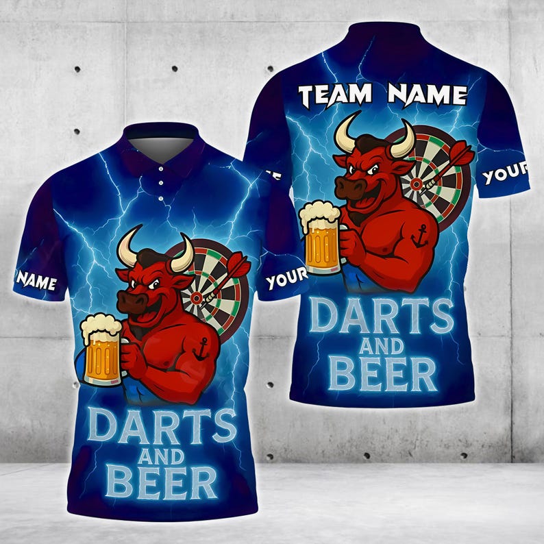 Custom Darts Beer Bull Thunder Polo Shirt, Custom Name & Design Polo Shirt, 3D Over Print Beer Design, Gift For Team, Dad Gift.