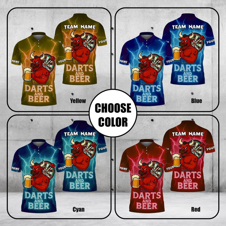 Custom Darts Beer Bull Thunder Polo Shirt, Custom Name & Design Polo Shirt, 3D Over Print Beer Design, Gift For Team, Dad Gift.