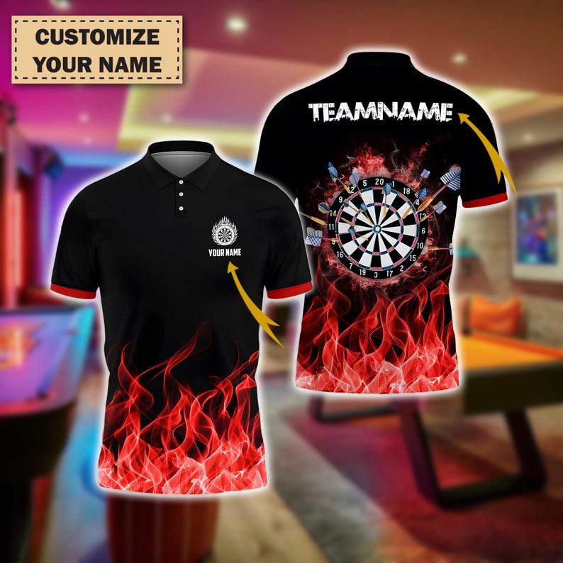 Custom Darts Polo Shirt, Fire Dartboard Design, Personalized Name & Team Polo Shirt, Gift for Men And Teams, Gift For Him.