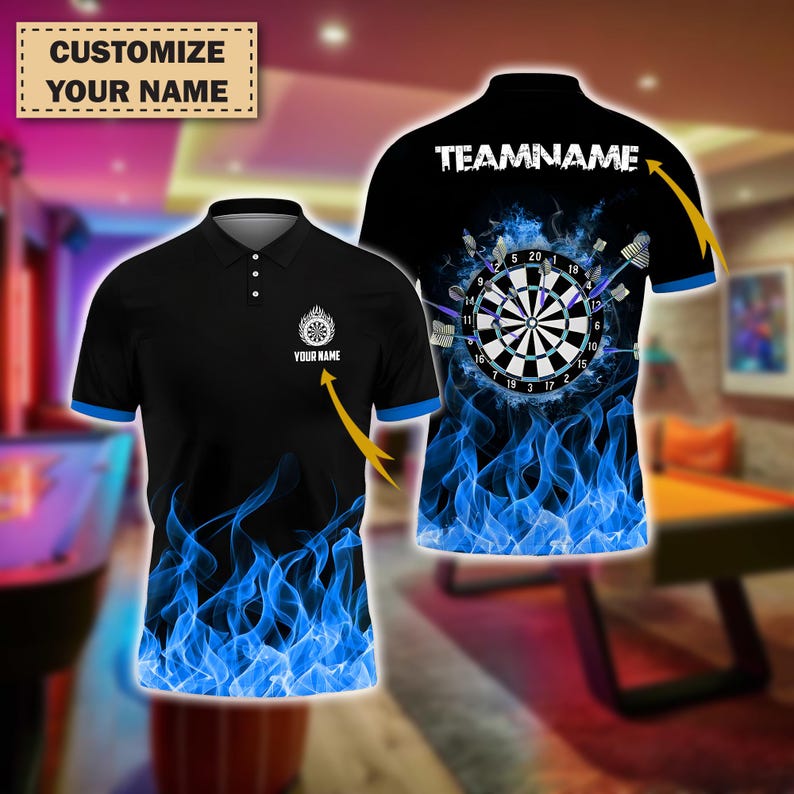 Custom Darts Polo Shirt, Fire Dartboard Design, Personalized Name & Team Polo Shirt, Gift for Men And Teams, Gift For Him.