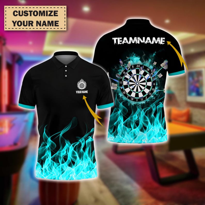 Custom Darts Polo Shirt, Fire Dartboard Design, Personalized Name & Team Polo Shirt, Gift for Men And Teams, Gift For Him.