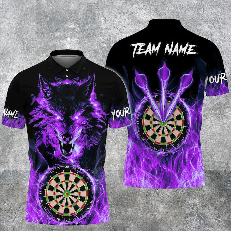 Custom Wolf & Fire Flame Darts 3D Polo Shirt, Custom Name and Team, Multicolor Polo, Gift For Team, Dad Gift.