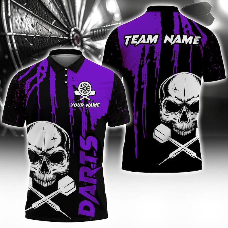 Custom 3D Polo Shirt, Darts Skull Design with Multicolor Options, Personalized with Name & Team Name, Gift For Man