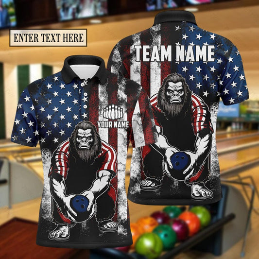 Personalized Patriotic Bigfoot Bowling Polo Shirt: Funny Bowling Gift