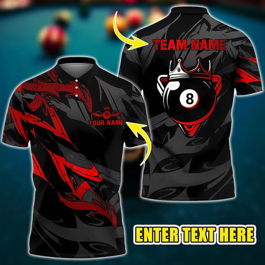 3D billiard polo shirt, 8 ball crown design with custom name and team, multicolor gifts for players, personalized billiard shirts.