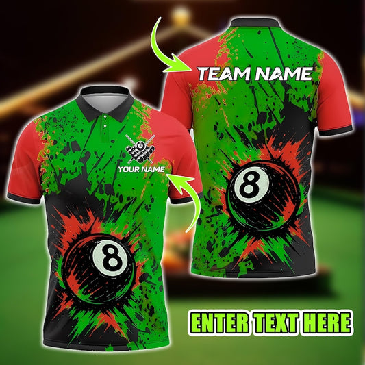 Custom Billiards Polo Shirt, Exploding 8 Ball with Splash Paint Effect , 3D Pool Jersey with Personalized Name & Team, Gift for men.