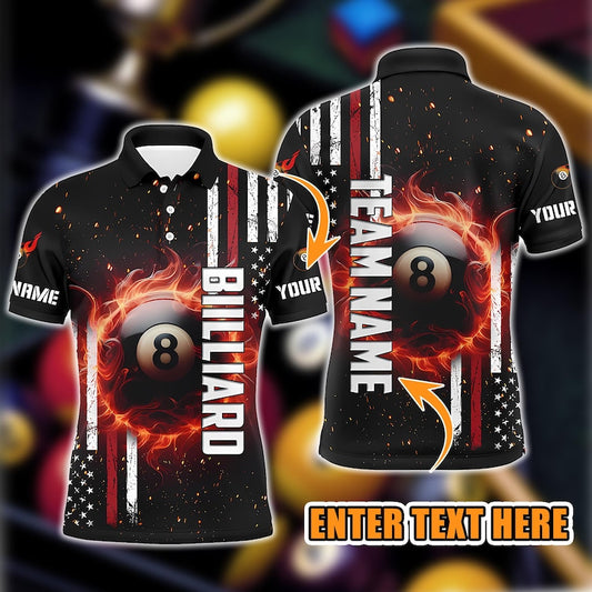 Custom Flaming 8 Ball Polo, Patriotic Billiard Shirt with Personalized Name & Team, Men’s Pool Shirt, USA Flag Design.