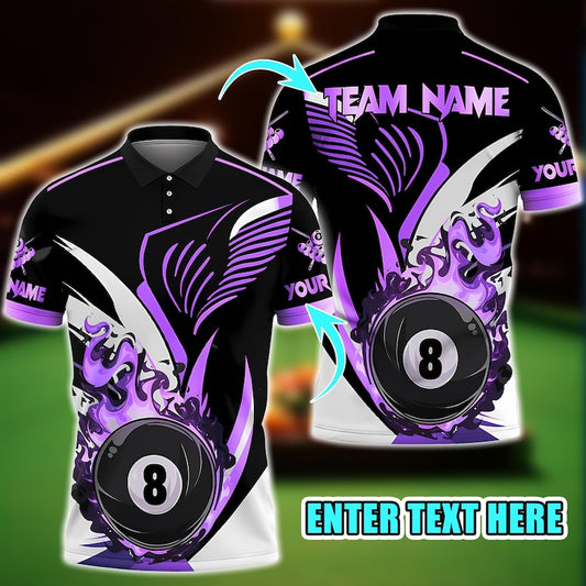 Custom Billiard Team Polo Shirt, Golden Flame 8 Ball Shirt with Personalized Name & Team, Pool Player Gift, League Uniform.