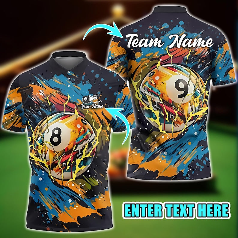 Custom Billiard Polo Shirt, Graffiti Street Style 3D Jersey with Personalized Name and Team, Cool Pool Shirt for Players.