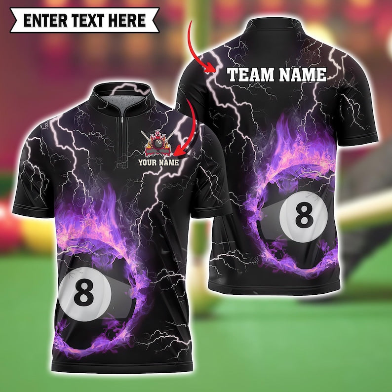 Custom 8 Ball Billiard Polo Shirt, Thunder and Lightning 3D Pool Jersey with Personalized Name and Team, Shirt for Players.