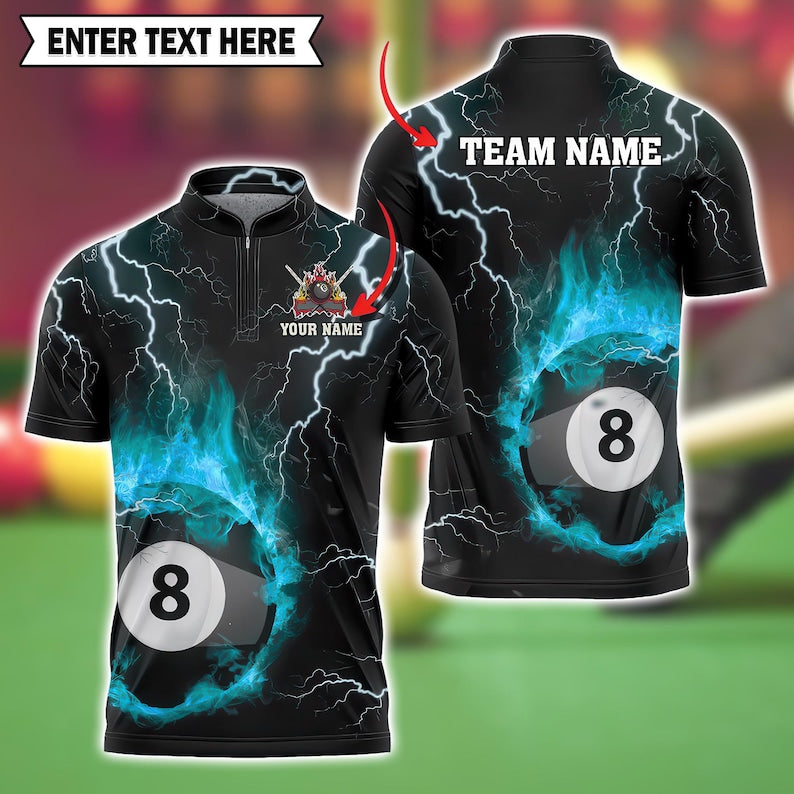 Custom 8 Ball Billiard Polo Shirt, Thunder and Lightning 3D Pool Jersey with Personalized Name and Team, Shirt for Players.