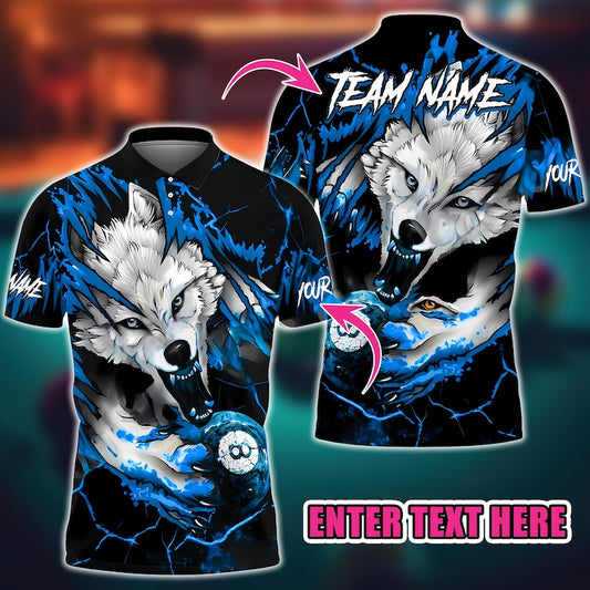 Custom Billiard Polo Shirt, Bloody Wolf 8 Ball 3D with Personalized Name & Team, Multicolor Pool Jersey, Perfect Gift for Pool Players.