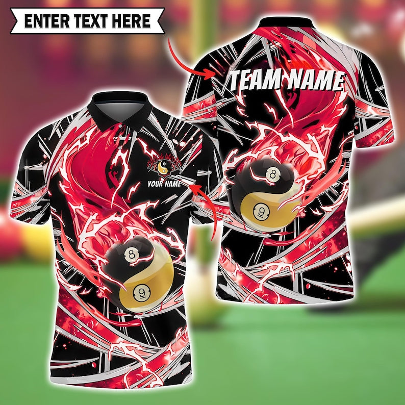 Ball Billiard Polo Shirt, Breath of Fire 3D Pool Jersey with Personalized Name & Team, Multicolor Design, Perfect Gift for Pool Players.