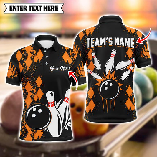 Custom Orange Bowling Shirt, Striking Pins Pattern, Personalized Name and Team 3D Polo Jersey for Men and Women, Gift for Bowlers.