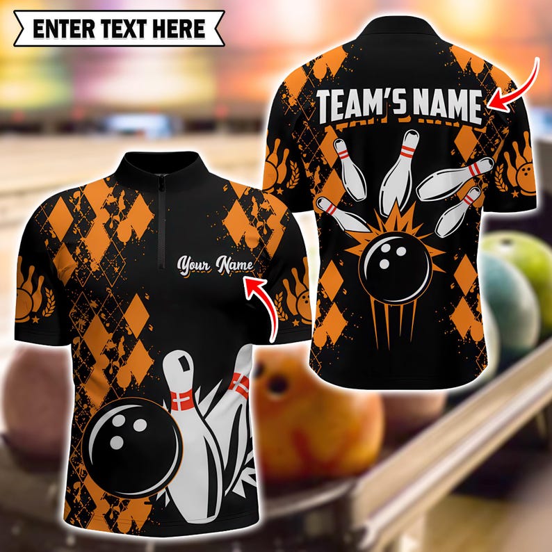 Custom Orange Bowling Shirt, Striking Pins Pattern, Personalized Name and Team 3D Polo Jersey for Men and Women, Gift for Bowlers.