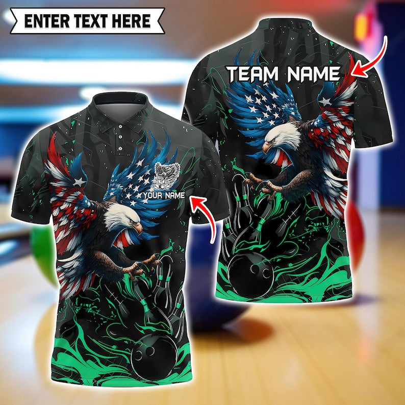 Custom American Eagle Bowling Shirt – US Flag Design, Multicolor 3D Polo with Personalized Name, Patriotic, Gift for Bowlers, Gift For Men.