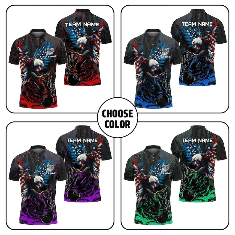 Custom American Eagle Bowling Shirt – US Flag Design, Multicolor 3D Polo with Personalized Name, Patriotic, Gift for Bowlers, Gift For Men.