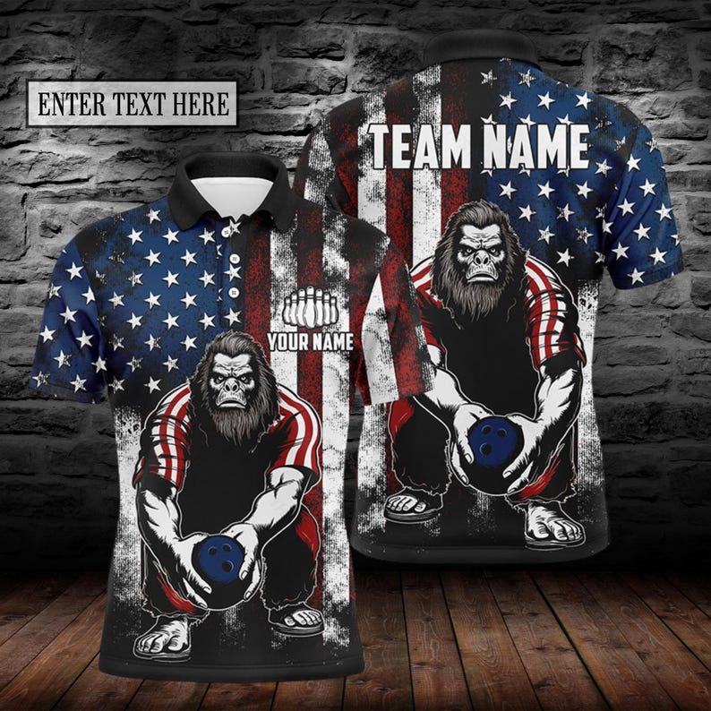 Personalized Patriotic Bigfoot Bowling Polo Shirt: Funny Bowling Gift