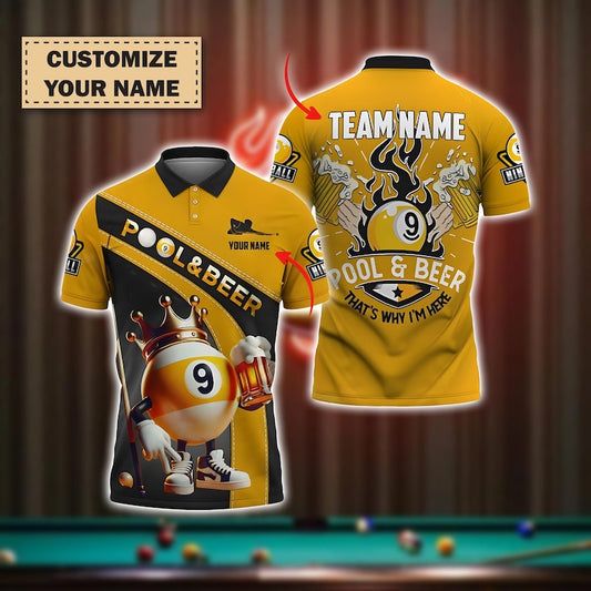 Custom Pool & Beer Polo Shirt, Funny 9 Ball Billiards Team Jersey, Personalized Pool Player Shirt, Name And Team Bar Shirt, Pool Team Gift.