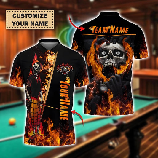 Custom Flaming Skull Billiards Polo Shirt, 8 Ball Skeleton Pool Team Jersey, Personalized Name & Team Shirt, Fire Skull Pool Shirt.