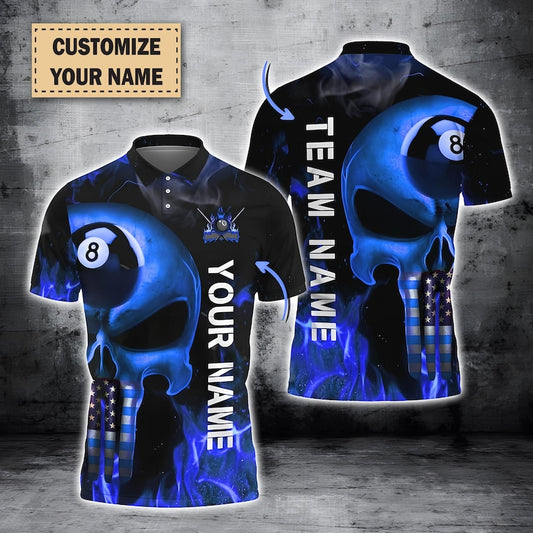 Custom Blue Skull Billiards Polo Shirt, 8 Ball Pool Team Shirt with American Flag, Personalized Name & Team Jersey, Skull Player Gift Shirt.