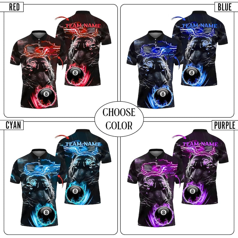 Custom Panther Billiards Polo Shirt, 8 Ball Lightning Pool Team Jersey, Personalized Name & Team Shirt, Pool Shirt, Player Gift Shirt.