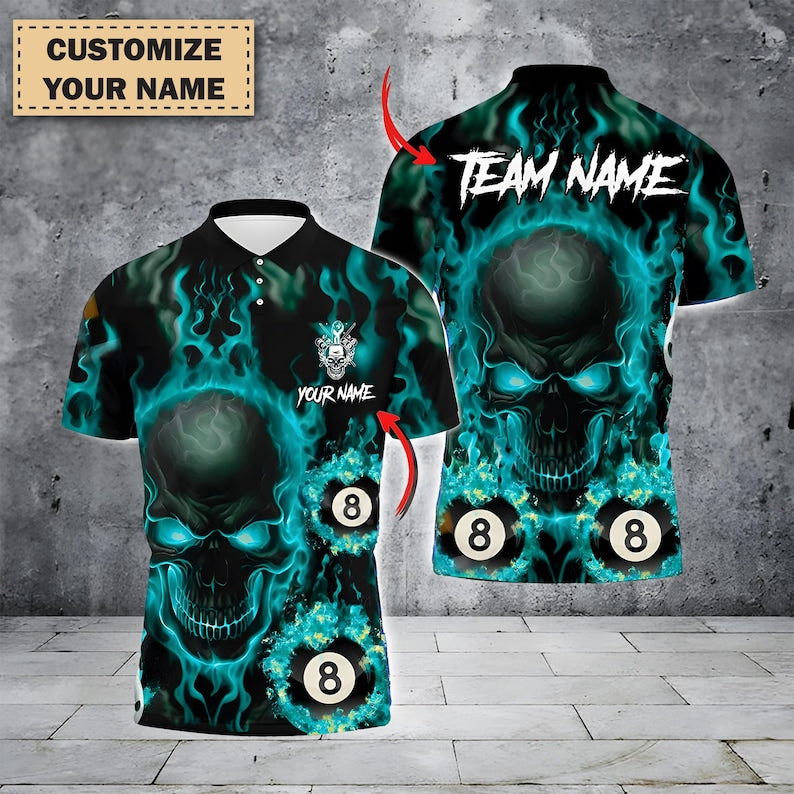 Custom Flaming Skull Billiards Polo Shirt for Men, Personalized 8 Ball Pool Team Jersey, Red Fire Cue Sports Polo, Gift for Pool Players.