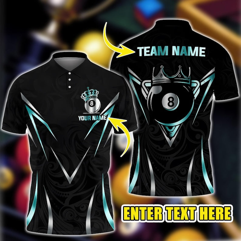 Custom 8 Ball Billiards Polo Shirt, 3D Crown Design with Personalized Name & Team, Multicolor Pool Jersey, Gift for Players and Bowlers.