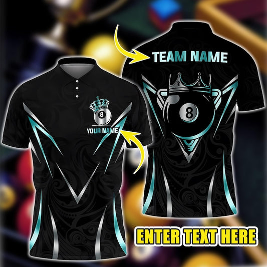 Custom 8 Ball Billiards Polo Shirt, 3D Crown Design with Personalized Name & Team, Multicolor Pool Jersey, Gift for Players and Bowlers.