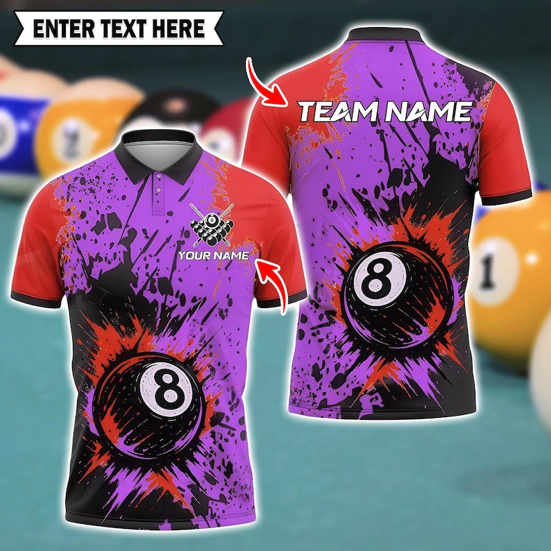 Custom Billiards Polo Shirt, Exploding 8 Ball with Splash Paint Design, 3D Pool Jersey with Personalized Name & Team, Multicolor Option.