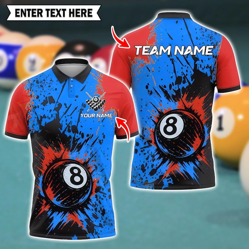 Custom Billiards Polo Shirt, Exploding 8 Ball with Splash Paint Design, 3D Pool Jersey with Personalized Name & Team, Multicolor Option.