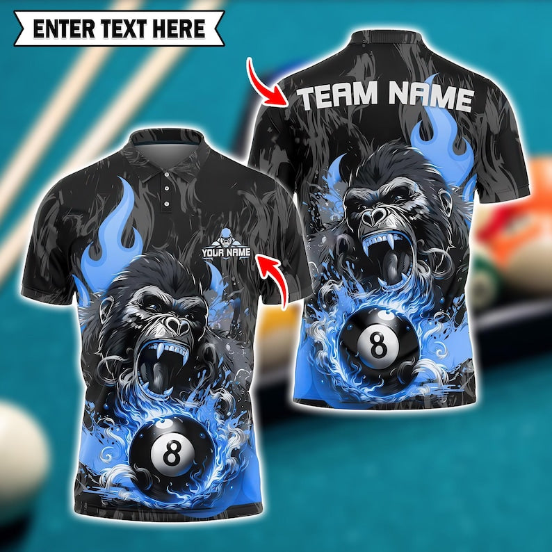 Custom Billiard Polo Shirt, Flaming 3D Pool Jersey with Personalized Name & Team, Multicolor Shirt for Players and Fans.