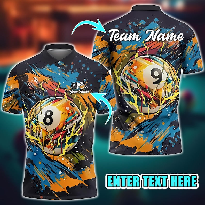 Custom Billiard Polo Shirt, Graffiti Street Style 3D Jersey with Personalized Name and Team, Cool Pool Shirt for Players.