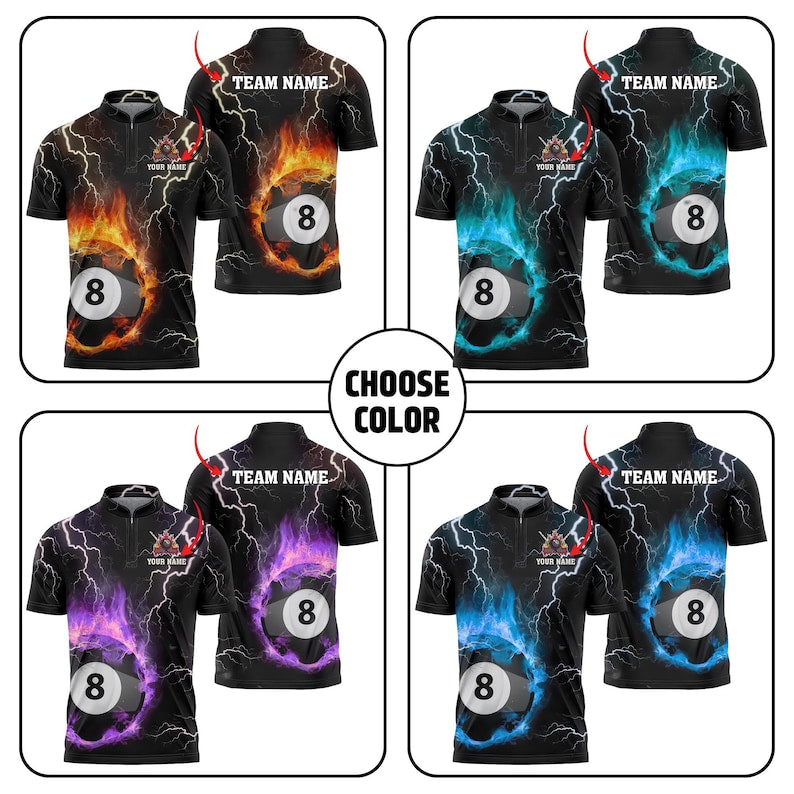 Custom 8 Ball Billiard Polo Shirt, Thunder and Lightning 3D Pool Jersey with Personalized Name and Team, Shirt for Players.