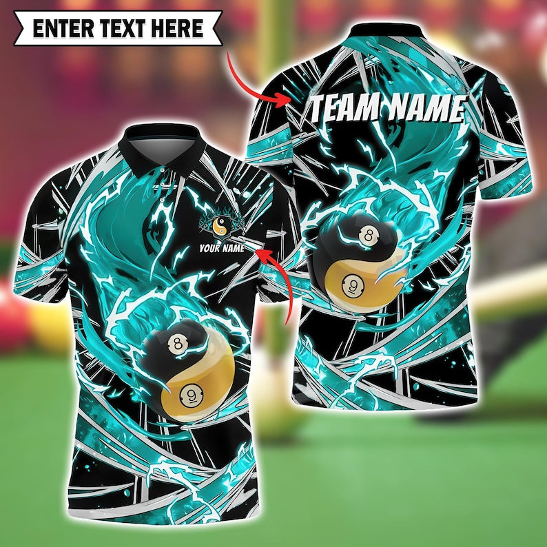 Ball Billiard Polo Shirt, Breath of Fire 3D Pool Jersey with Personalized Name & Team, Multicolor Design, Perfect Gift for Pool Players.