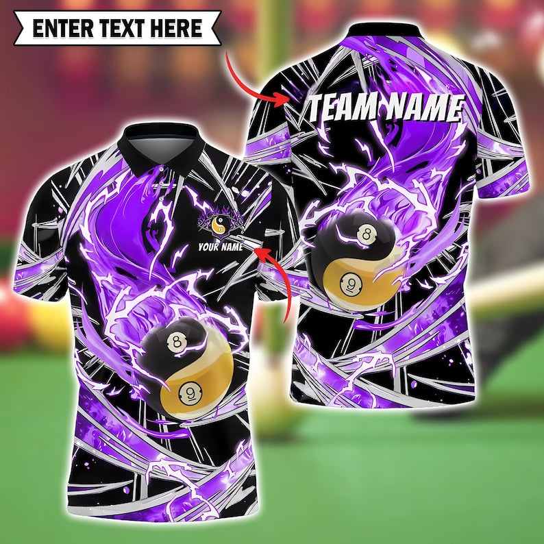 Ball Billiard Polo Shirt, Breath of Fire 3D Pool Jersey with Personalized Name & Team, Multicolor Design, Perfect Gift for Pool Players.