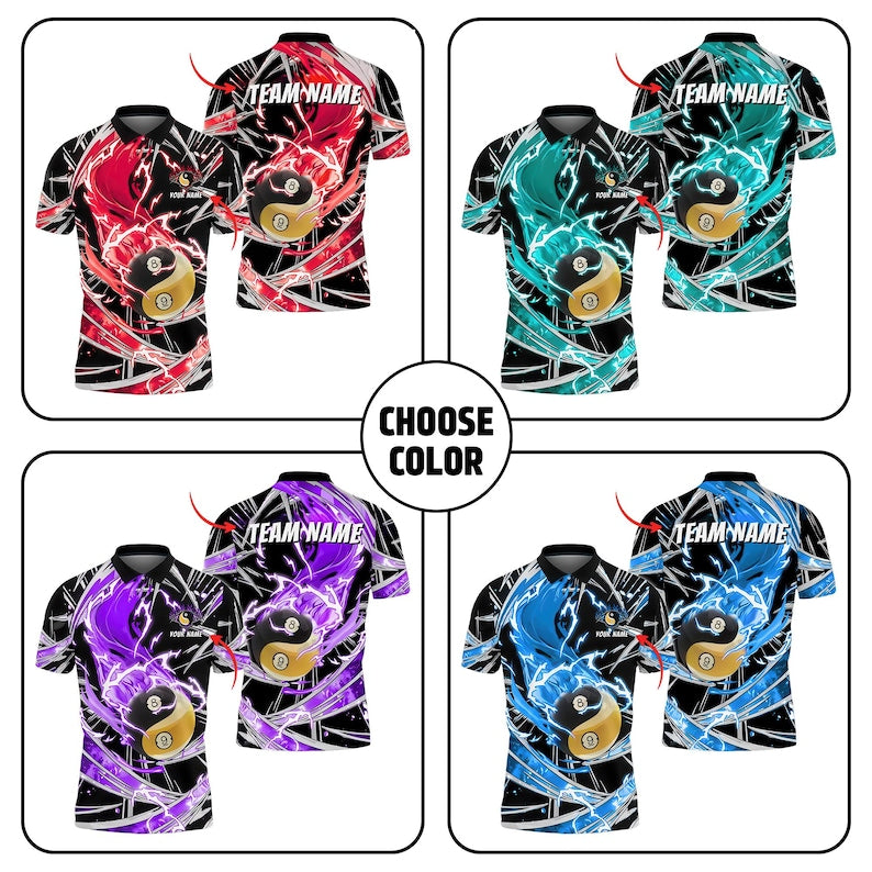 Ball Billiard Polo Shirt, Breath of Fire 3D Pool Jersey with Personalized Name & Team, Multicolor Design, Perfect Gift for Pool Players.