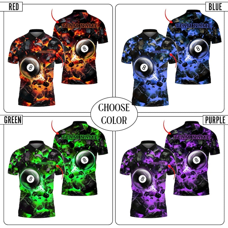 Custom 8 Ball Billiards Polo Shirt, Personalized Pool Team Jersey, Fire Lava Pool Shirt, Custom Name and Team Shirt, Billiard Lover Gift.