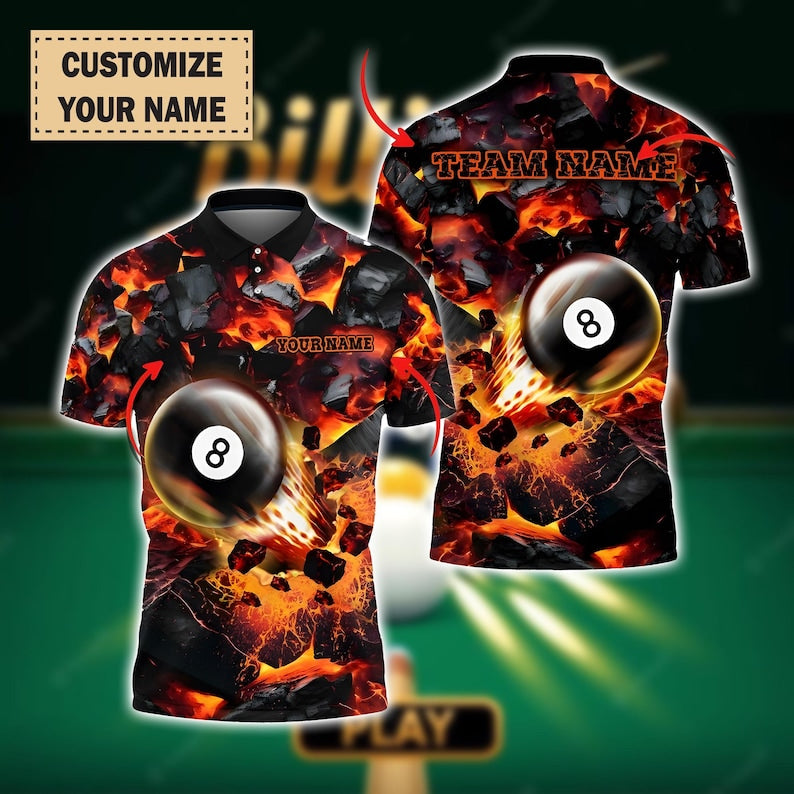 Custom 8 Ball Billiards Polo Shirt, Personalized Pool Team Jersey, Fire Lava Pool Shirt, Custom Name and Team Shirt, Billiard Lover Gift.